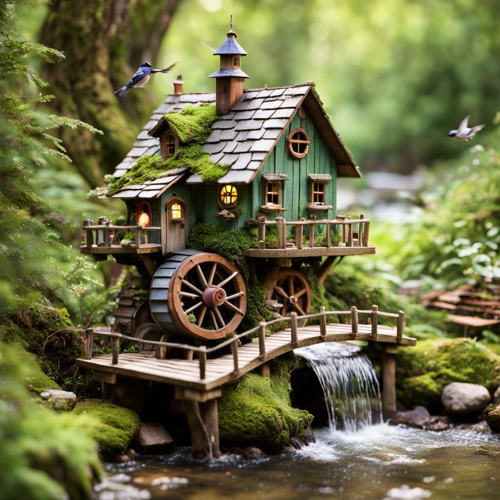 Whimsical Birdhouse with Churning Waterwheel in Enchanted Fo...