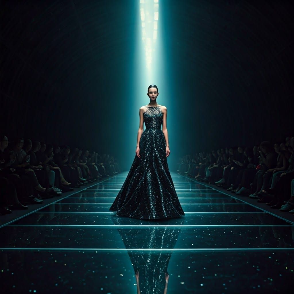 fashion runway glowing under soft cosmic lighting.