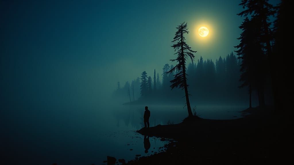 Surreal Moonlit Lake Scene in Cinematic Style