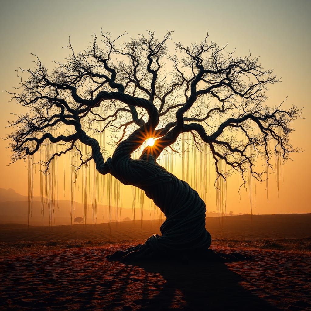 A surreal landscape where a towering tree is made entirely o...