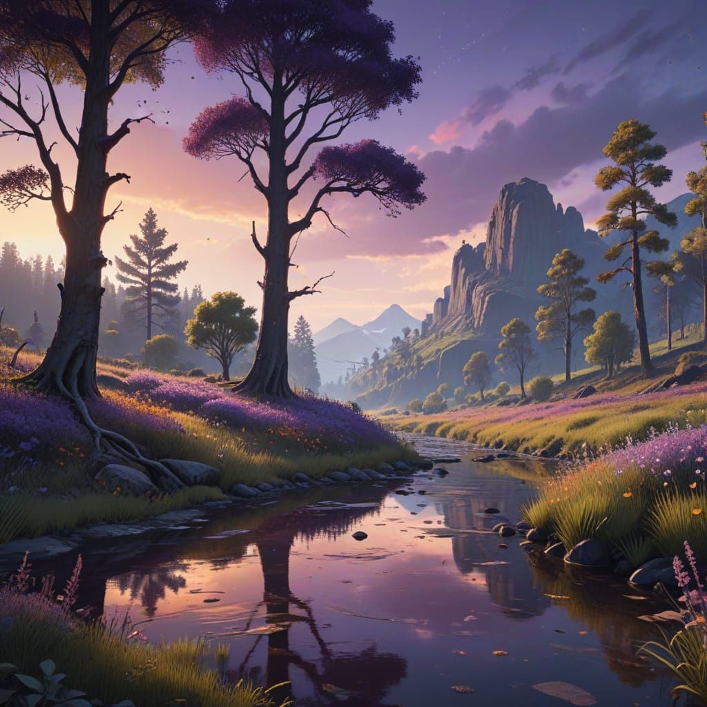 Twilight Meadow with Majestic Trees and Vibrant Wildflowers