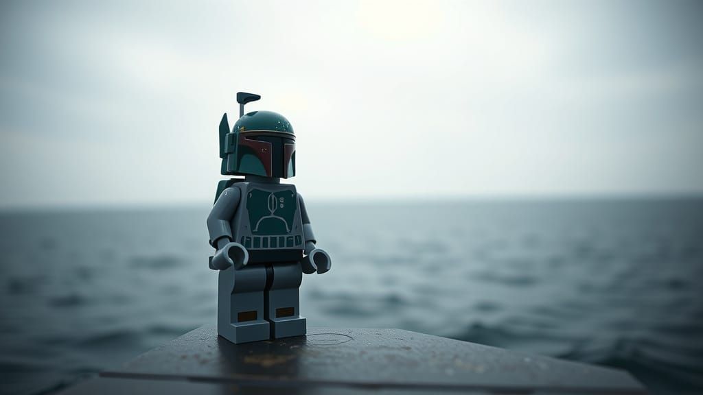 Lego Boba Fett on Pier: Photorealistic Film Still