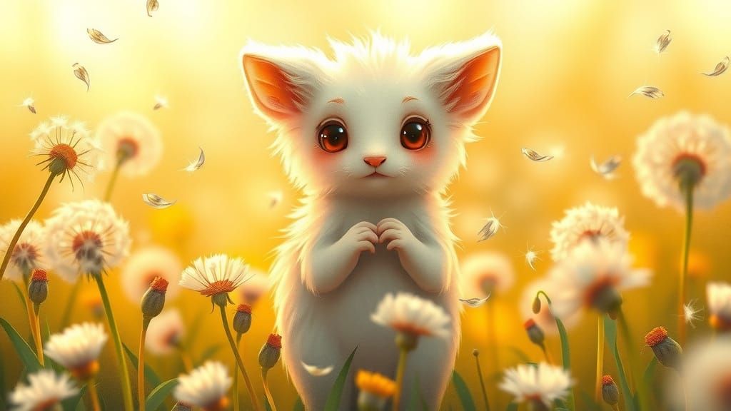 Whimsical Guardian in Sun-Kissed Dandelion Field