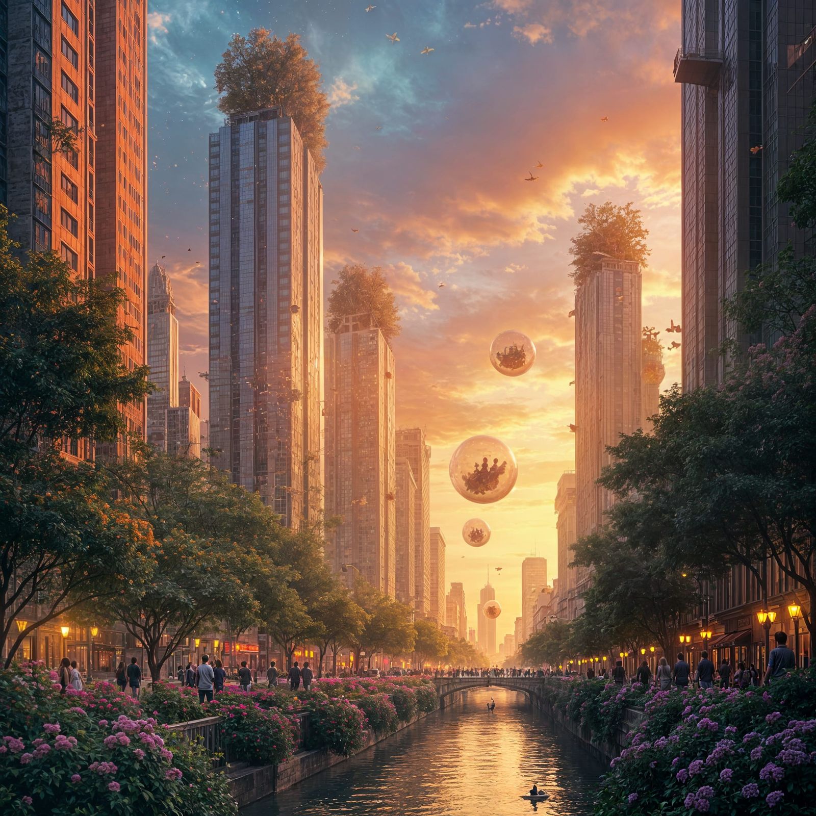 Sunset Cityscape With Floating People in Bubbles