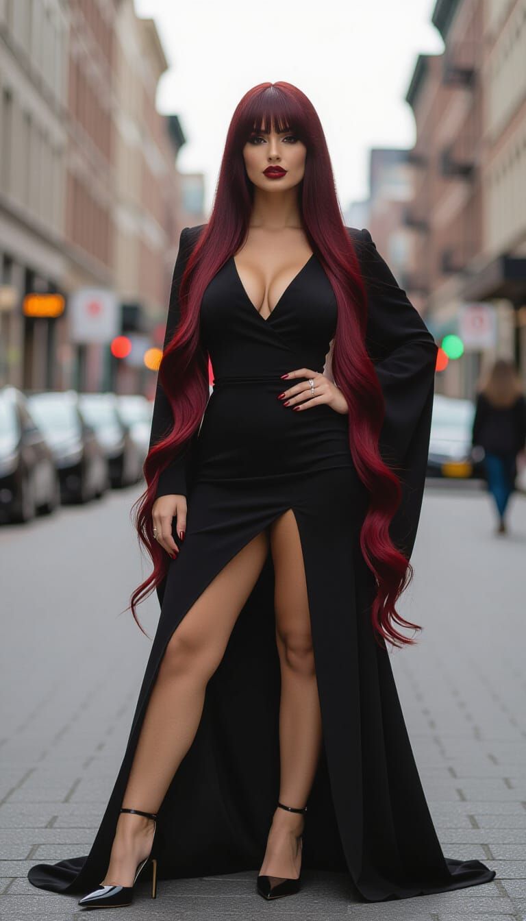 Curvy Woman with Long Cherry Red Hair