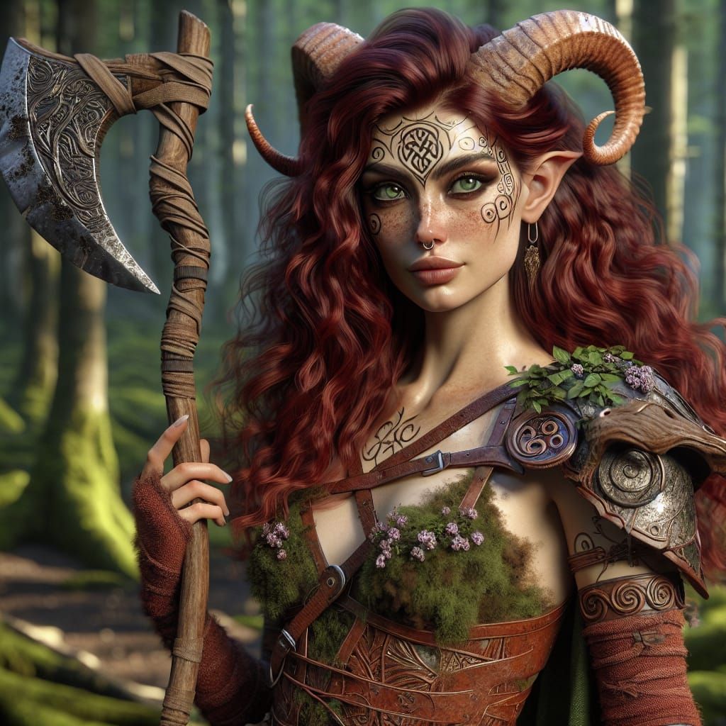 Forest Druid with Ram Horns in Matte Painting Style