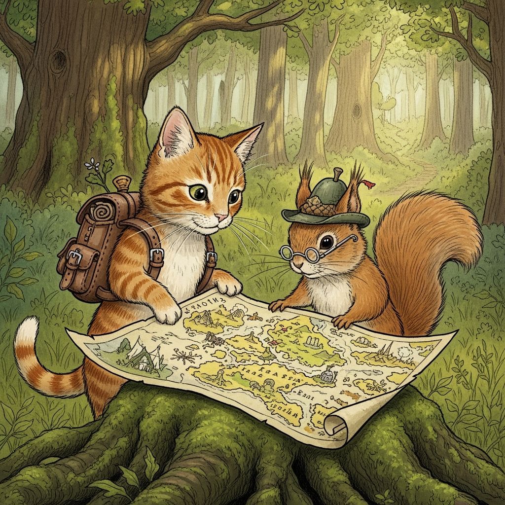 Cat and Squirrel Map Reading in Whimsical Illustration Style