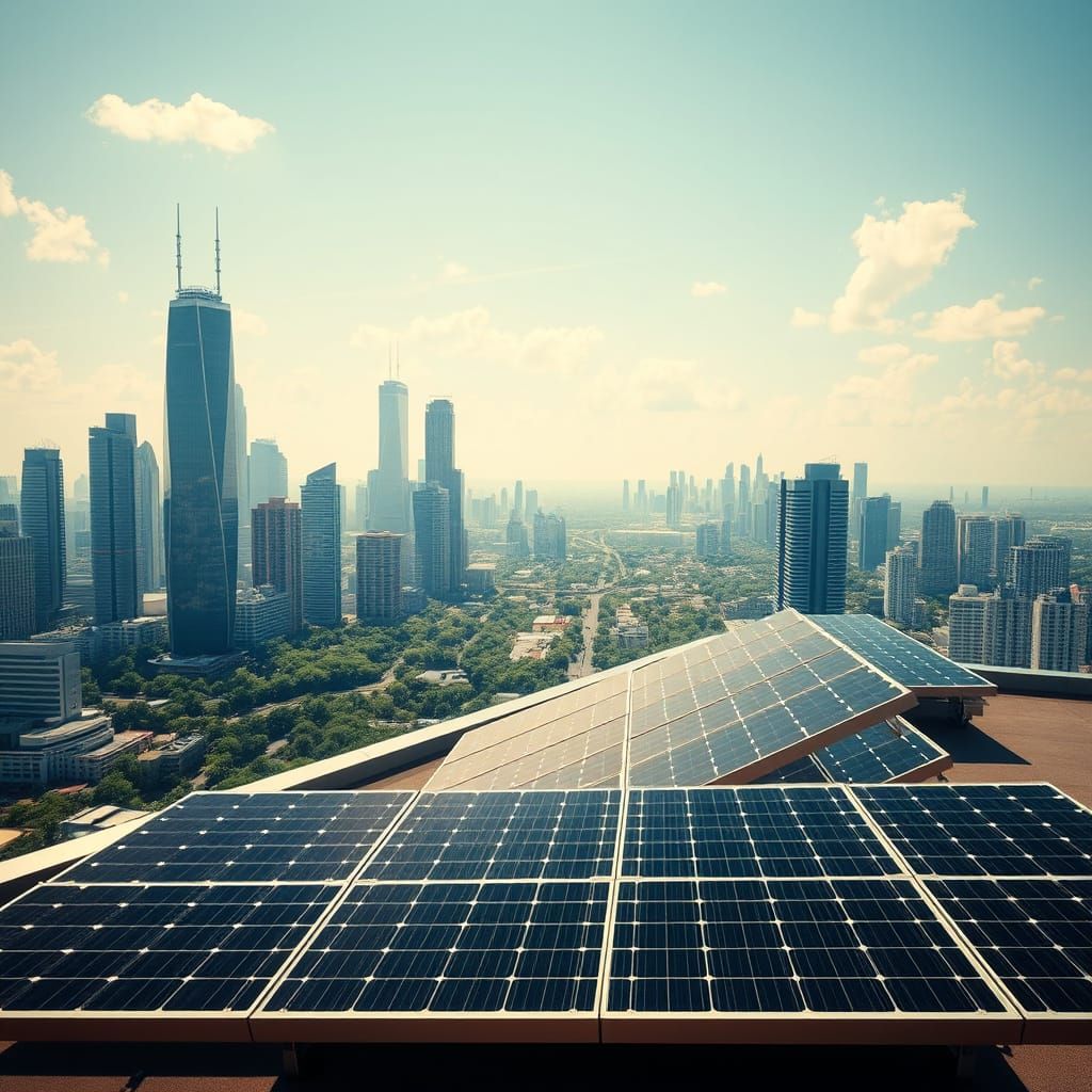 Solar Panels on Modern Rooftop Cityscape