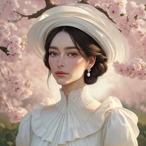 Beautiful Girl in Apple Orchard, Oil Painting Style