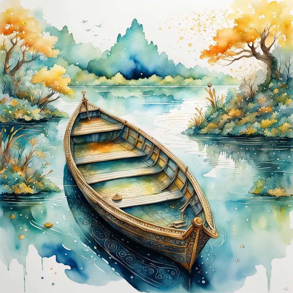 Ornate Boat Drifts in Dreamlike Watercolor Art