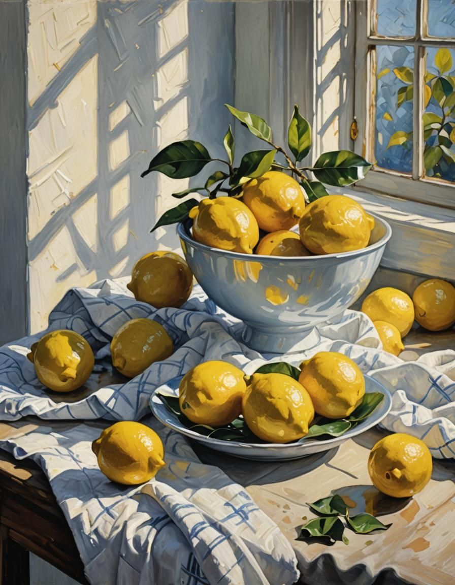 Impressionist Painting of Lemons in White Bowl