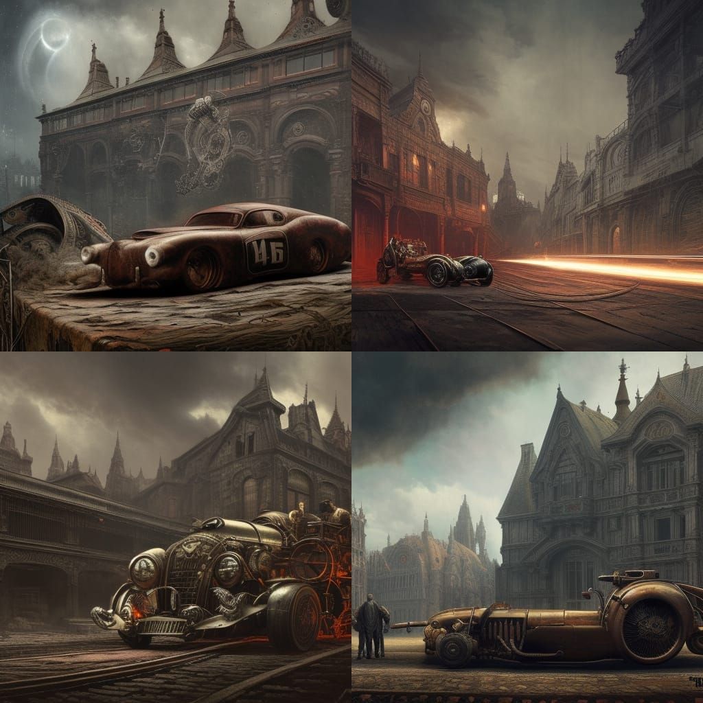 Steampunk Retro Race Cars in Dark Fantasy Style