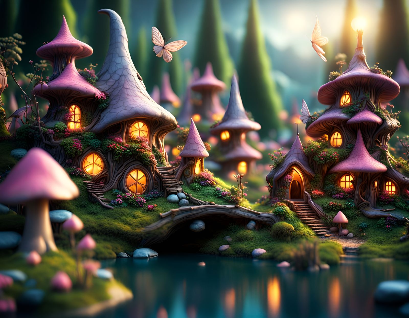 Hyperrealistic Fairy Village in a Moody Wonderland