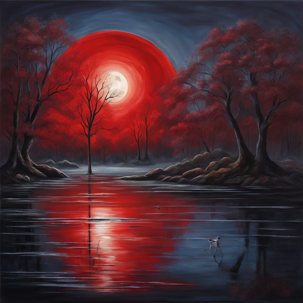 Crimson Moon Over Tranquil Lake in Oil Painting Style