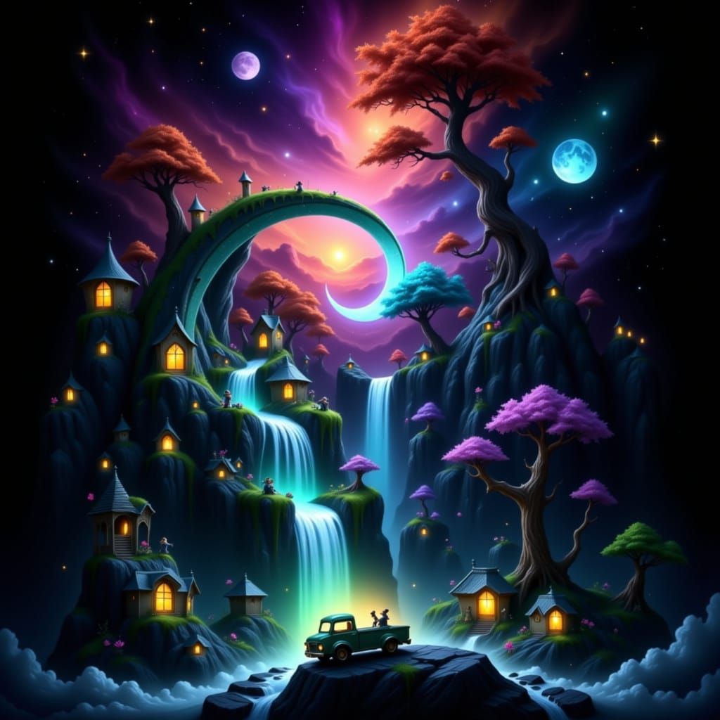 Miniature Village in Ornate Crescent Moon, Fantastical Style