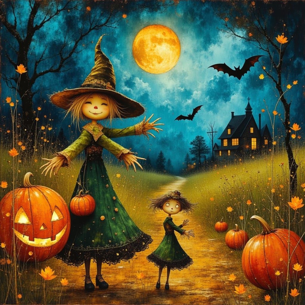 Whimsical Halloween Scene with Gnarled Pumpkins and Dancing ...