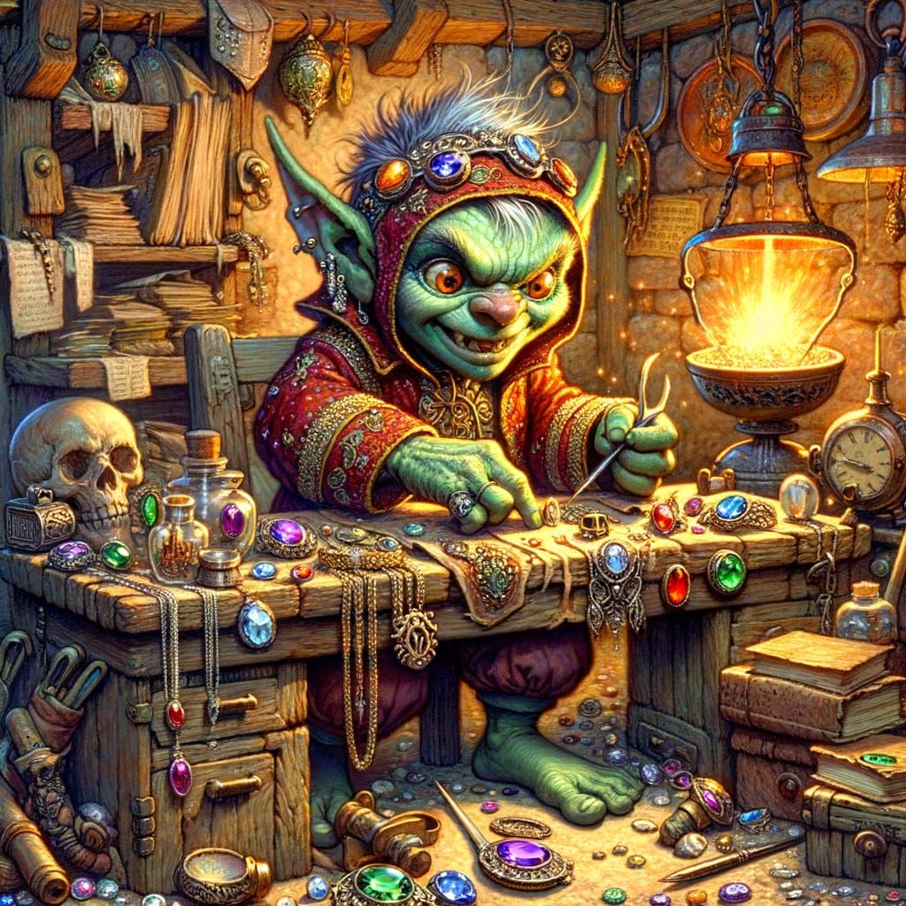 Goblin Jeweler Crafts Enchanted Amulet in Victorian Fairytal...