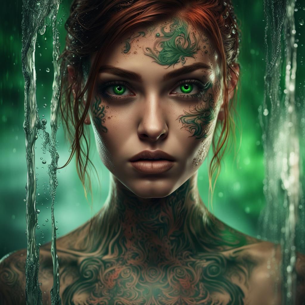 Green-Eyed Girl Portrait Behind Wet Glass