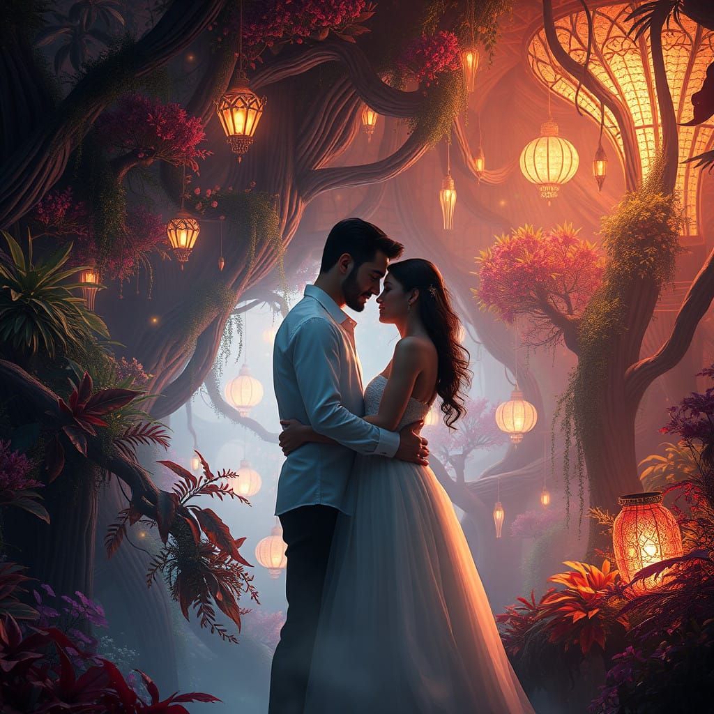 Dreamlike Lovers in Vibrant, Mystical Landscape