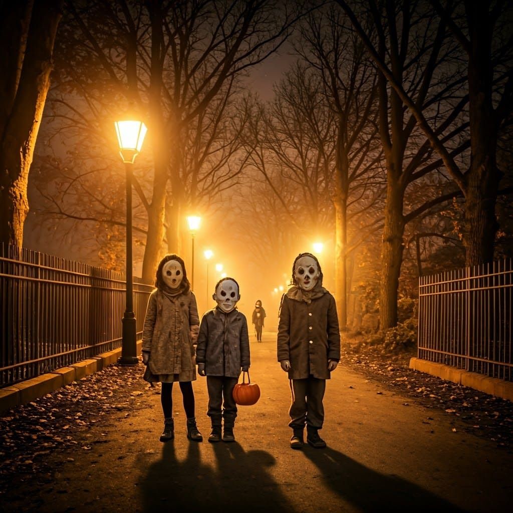 Eerie Vintage Halloween Scene with Children