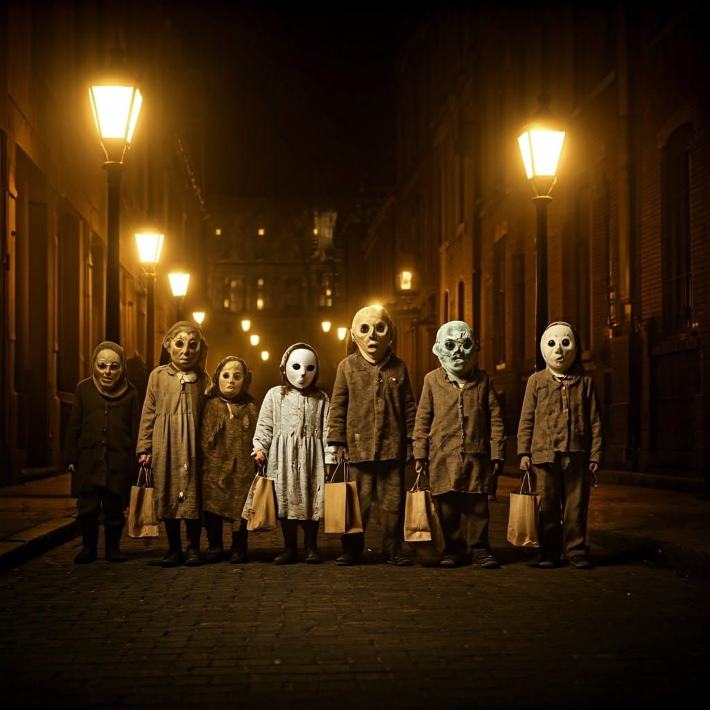 Eerie Trick-or-Treaters in Vintage Photography Style