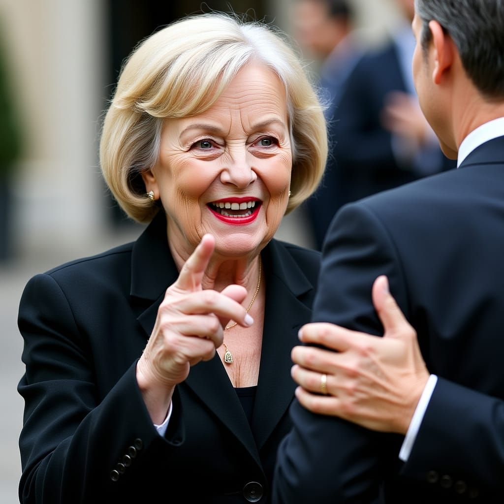 Smiling Blonde Woman in Blazer Points Out of Frame