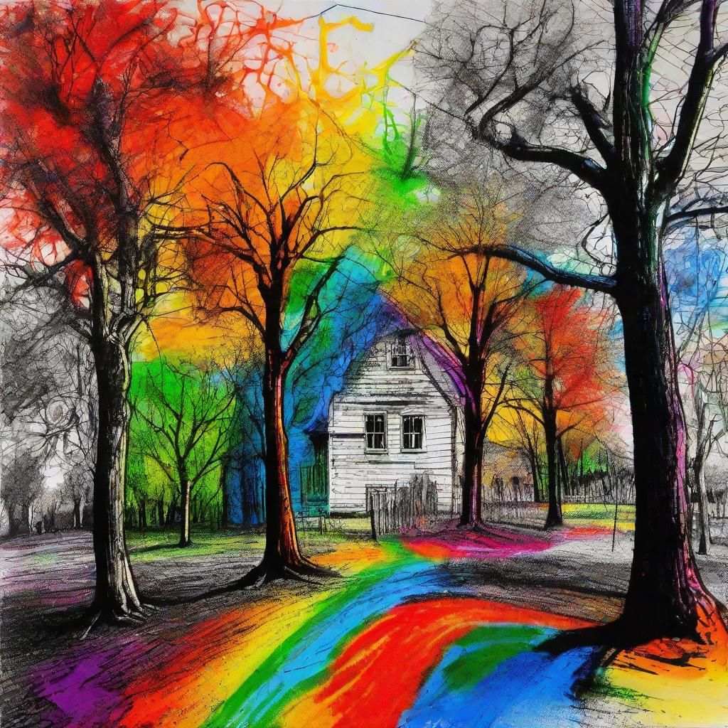 Surreal Child's Drawing: Trees and Rainbow Fairy