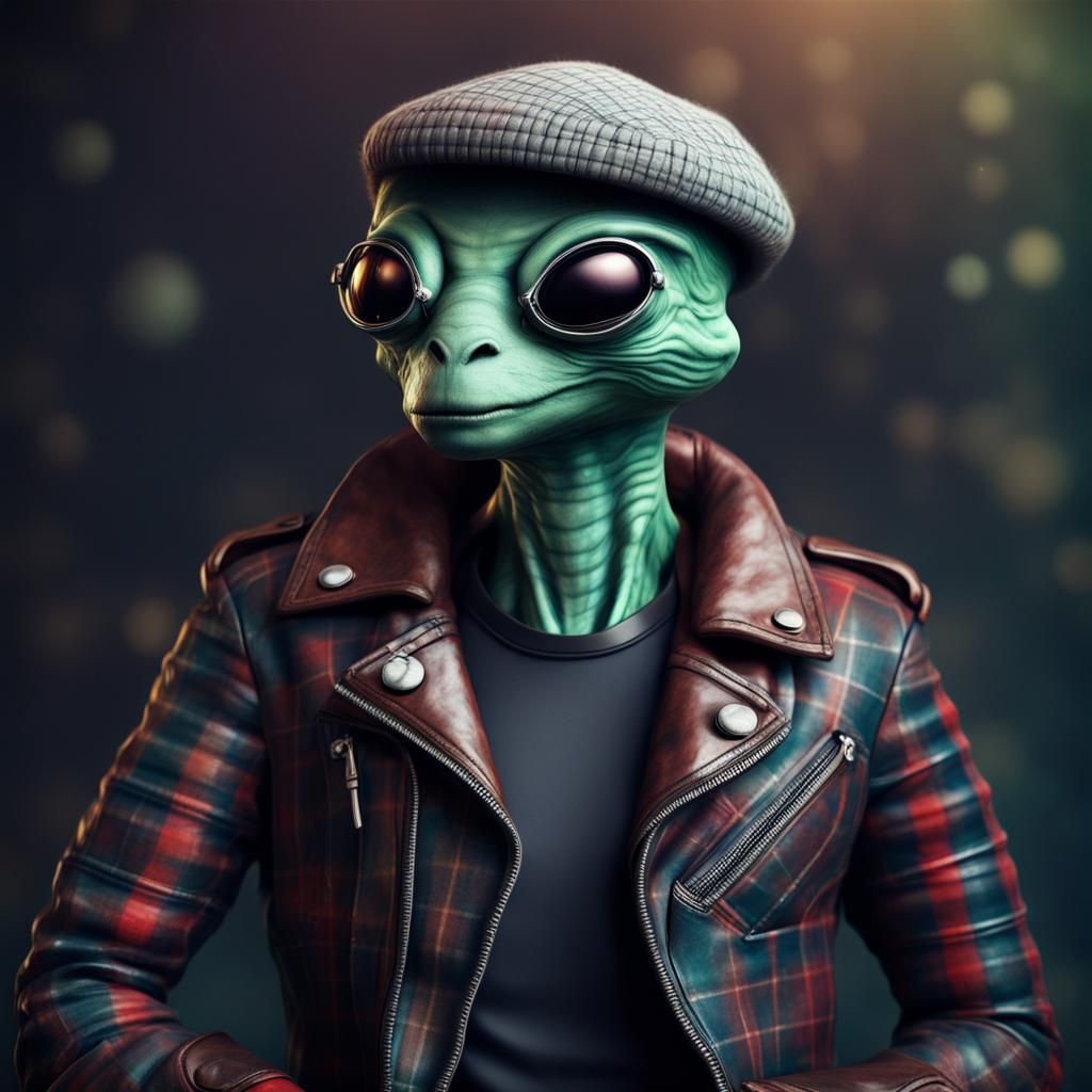 Hipster Alien in Beret as Impasto Mixed Media