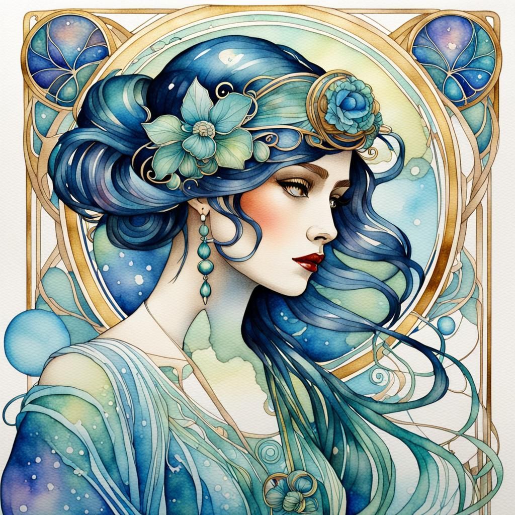 Elegant Women in Art Nouveau Iridescent Watercolor
