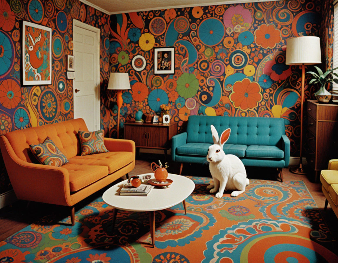 Retro-Futuristic Rabbit in Psychedelic Mod Living Room