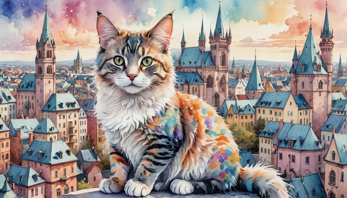 Cat with Cityscape Head as Watercolor Art