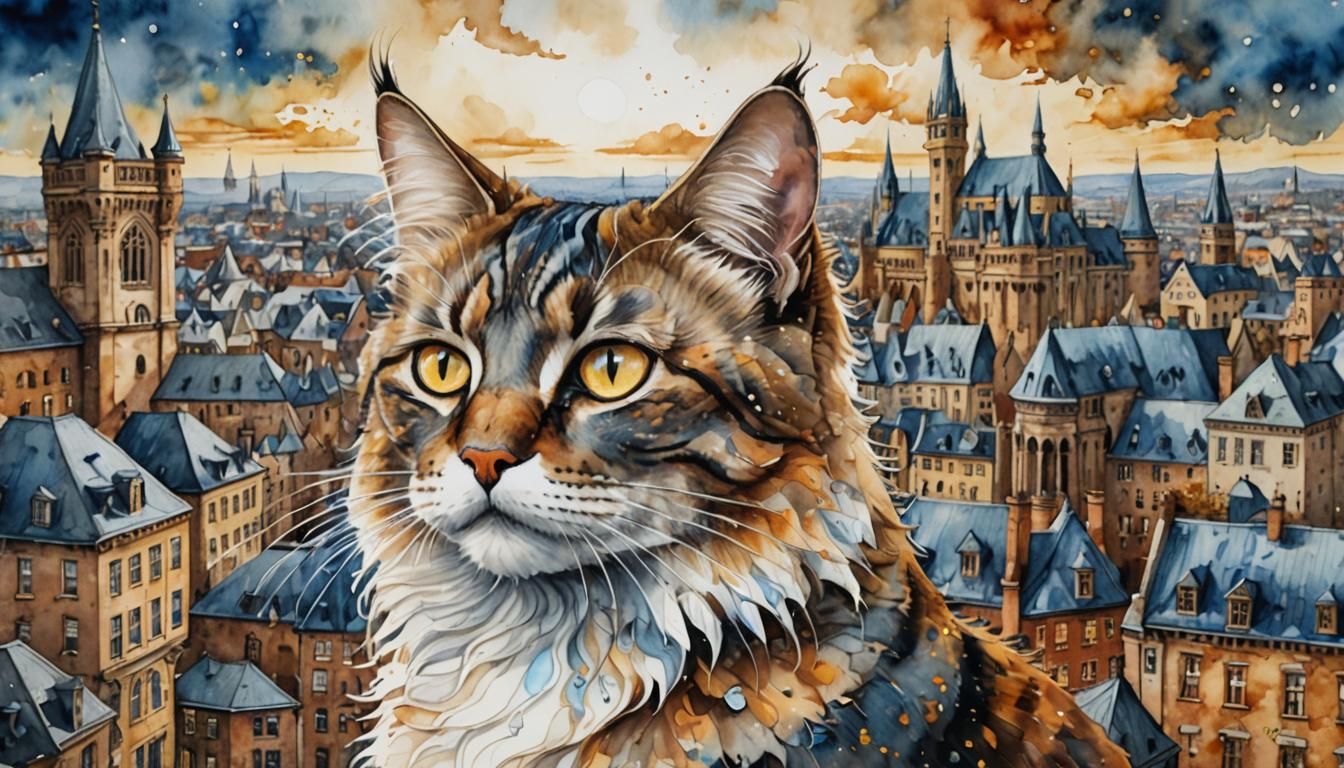 Surreal Watercolor Cat with Cityscape Mind