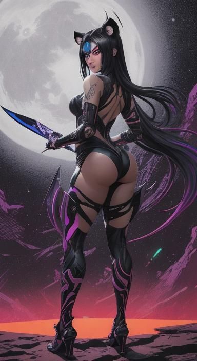 Cyberpunk Raccoon Ninja Waving Sword on Moon