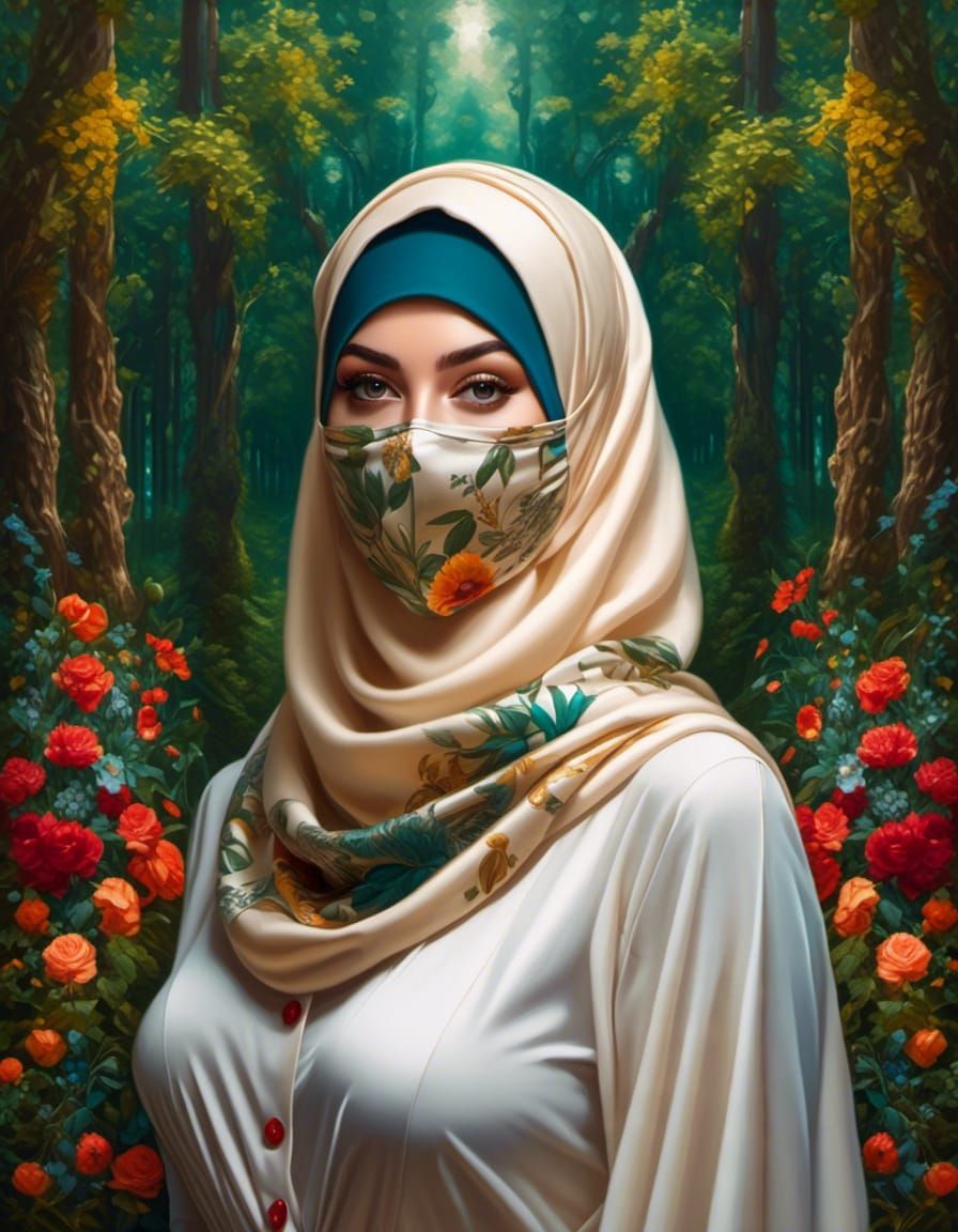 Beautiful Woman in Hijab and Mask in Forest