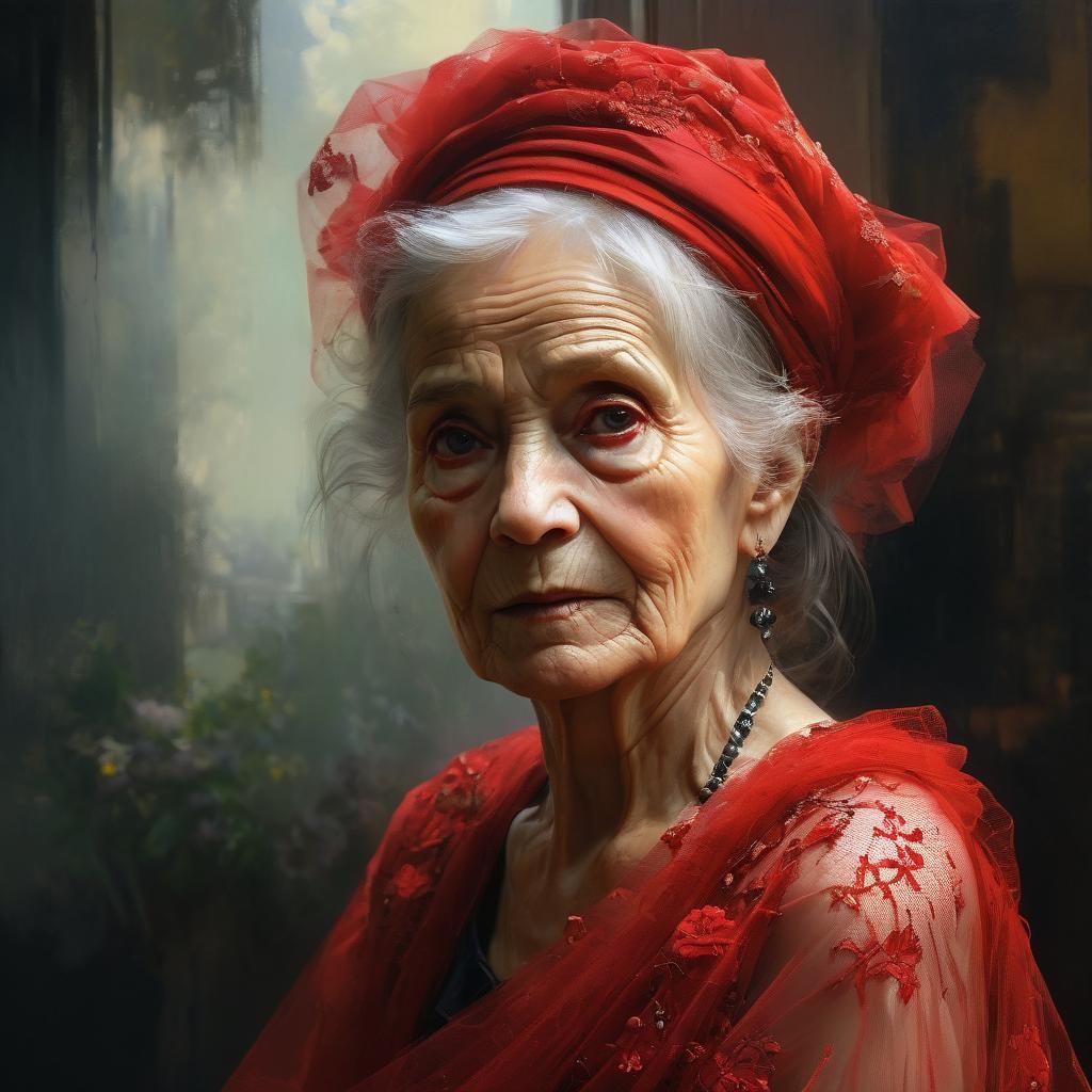 Old Woman in Red Tulle: Detailed Fabric Art