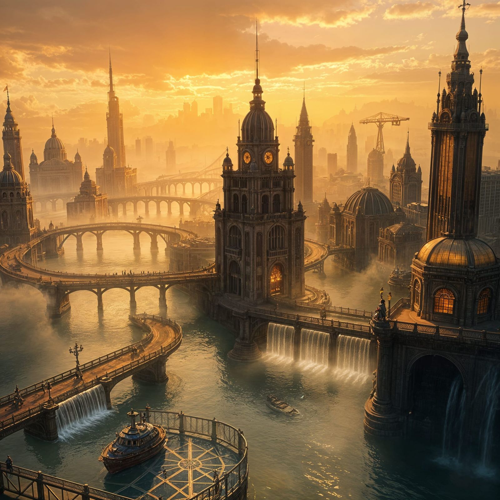 Ethereal Waterpunk Metropolis in Art Deco Splendor