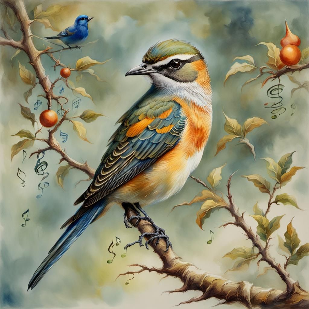 Thorn Bird with Musical Notes in Watercolor