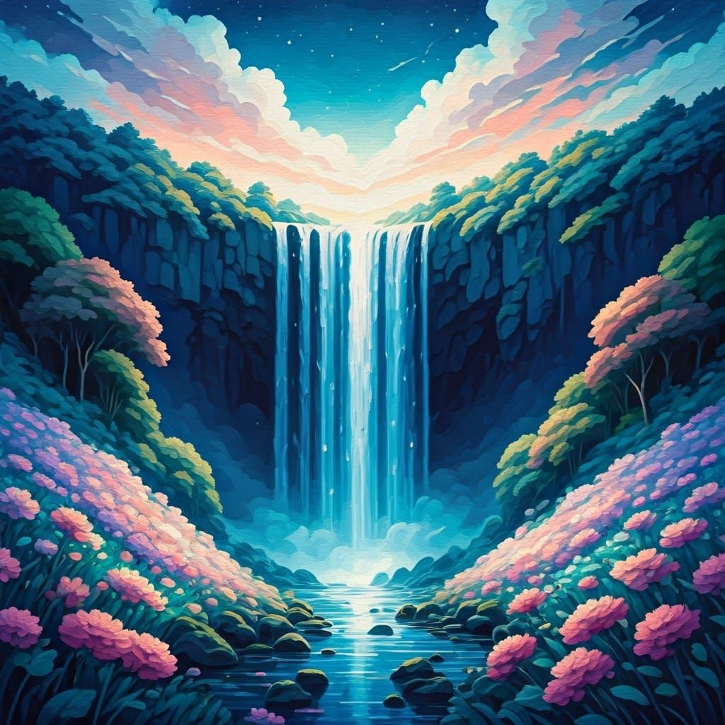 Ethereal Blue Waterfall in Floral Forest, Impasto Gouache St...