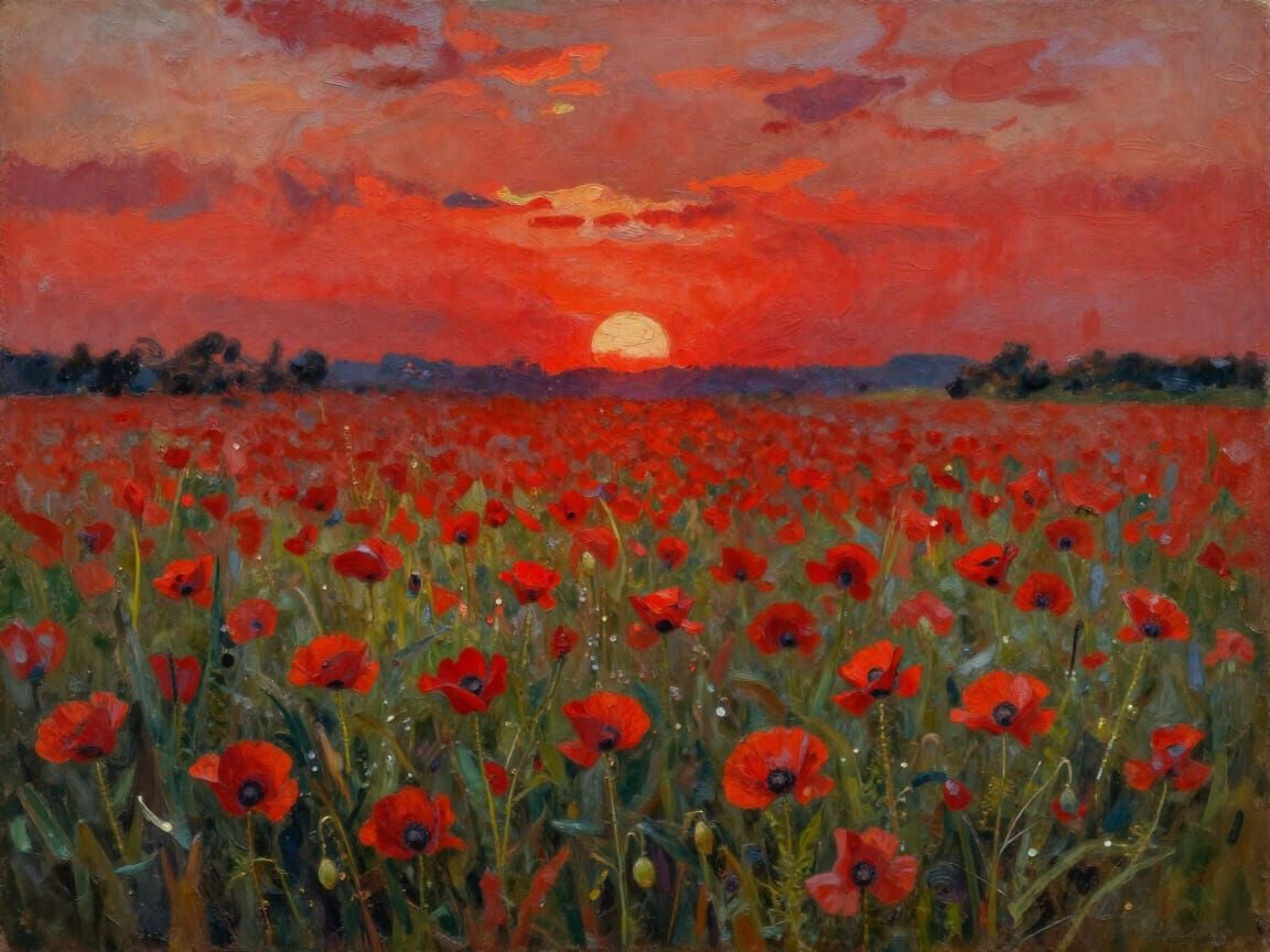 Vibrant Red Poppies Under Sunset Skies, Expressionist Oil Pa...
