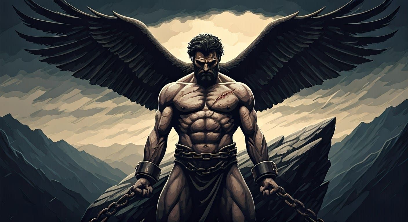 Titan Bound: Monochromatic Pixel Art of Prometheus