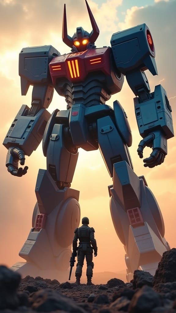 Soldier Confronts Colossal War Mecha in Hyperrealistic Style