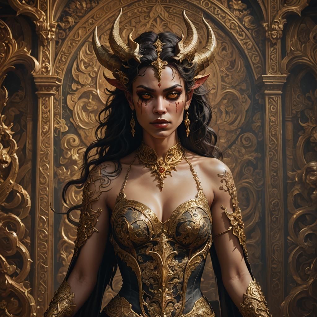 Sensual Demoness in Lavish Court: Fantasy Portrait