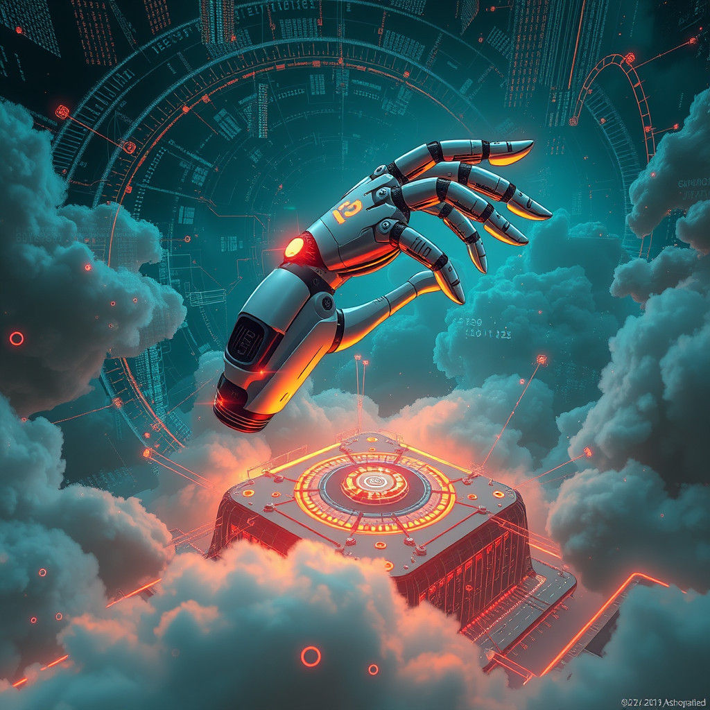 Robotic Arm Over Data Hub in Cyberpunk Style