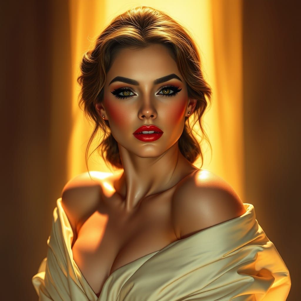 Sensual Woman in Golden Light, Photorealistic Style