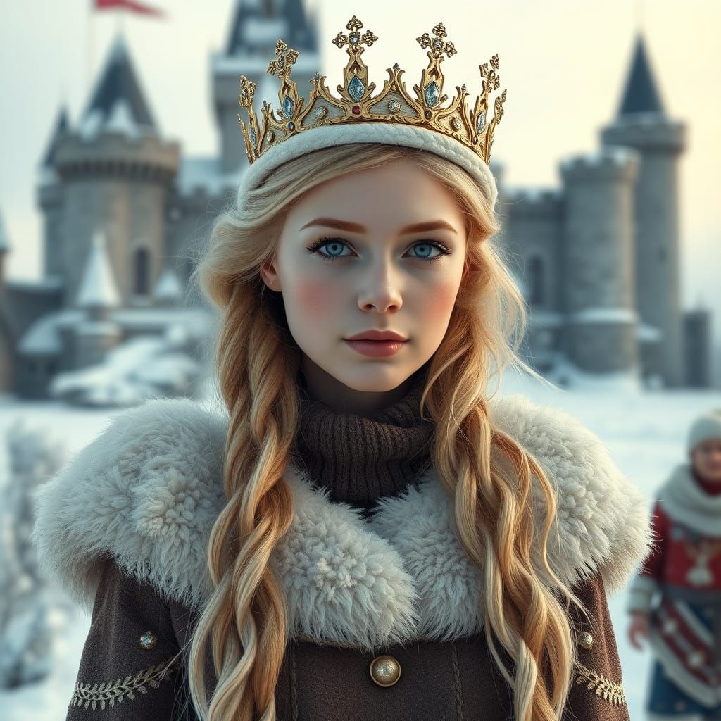 Blonde Woman in Winter Castle Landscape with Crown