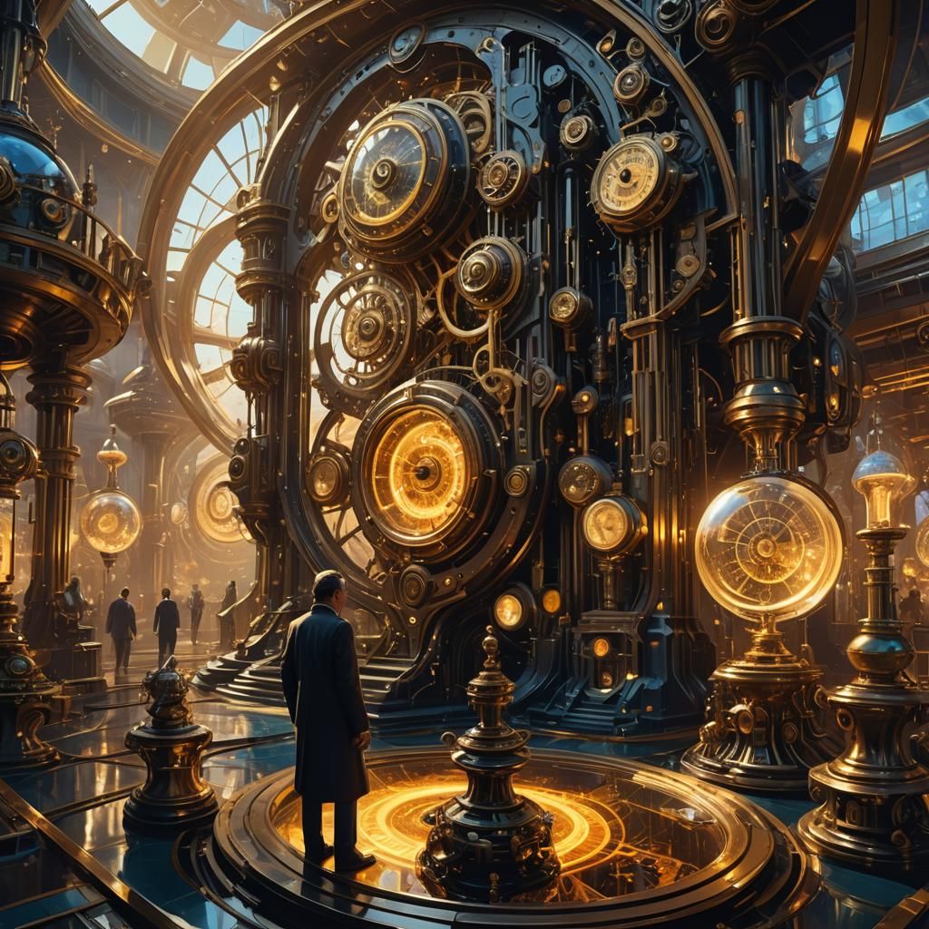 Time Traveler in Surreal Clockwork Landscape