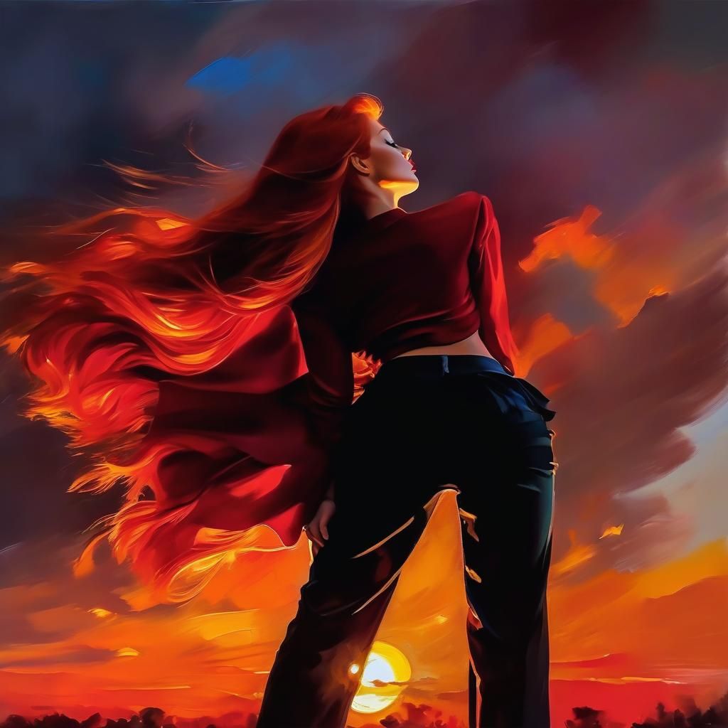 Redhead Gazing at Fiery Sunset, Expressive Portrait