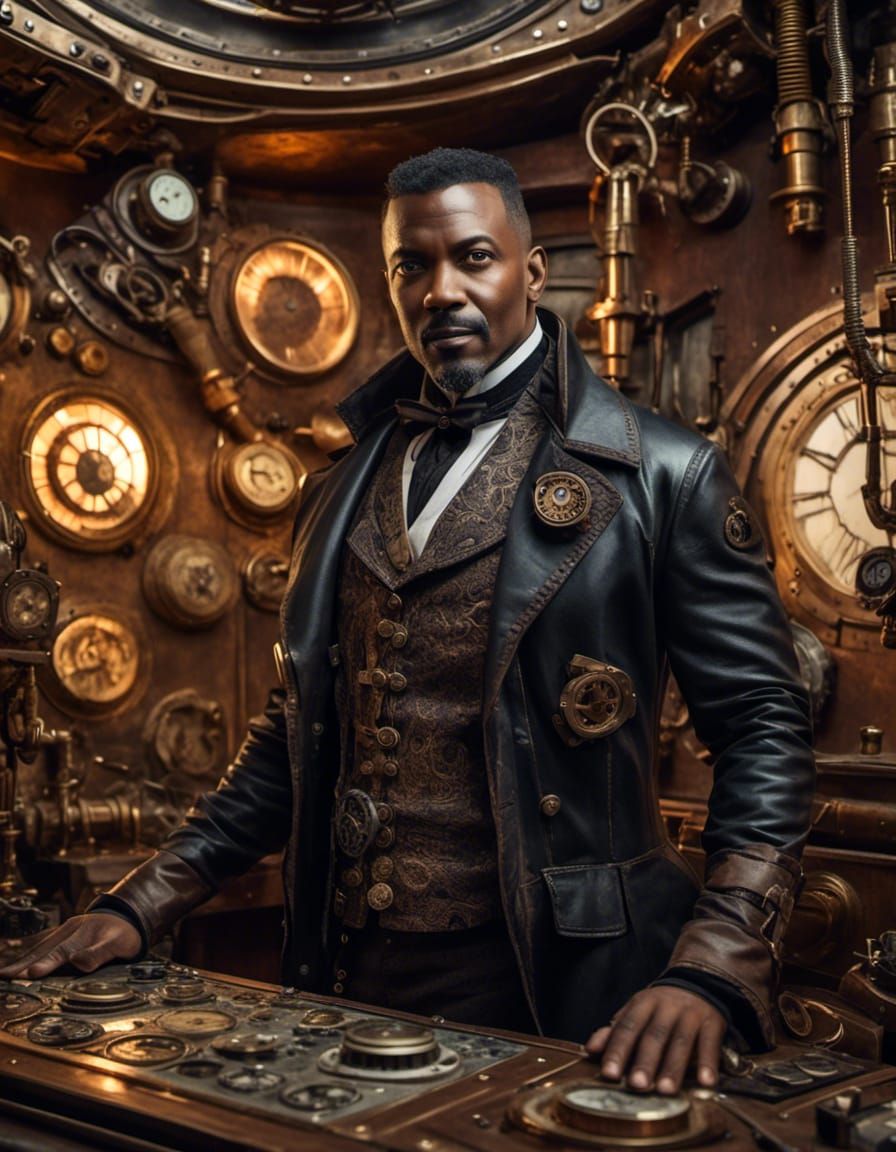 Steampunk Time Traveler in Elaborate Control Room