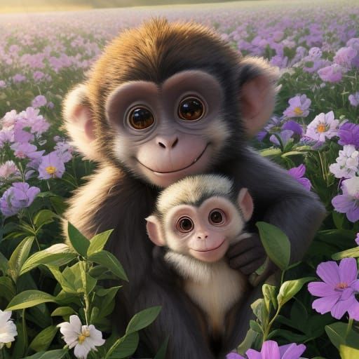 Whimsical Baby Monkey in Summer Flower Field