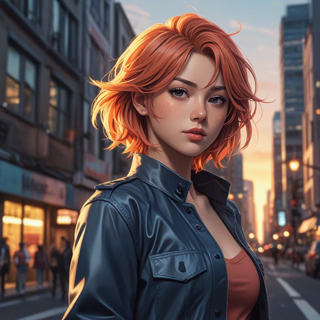 Stunning Anime Cityscape with Beautiful Female Model